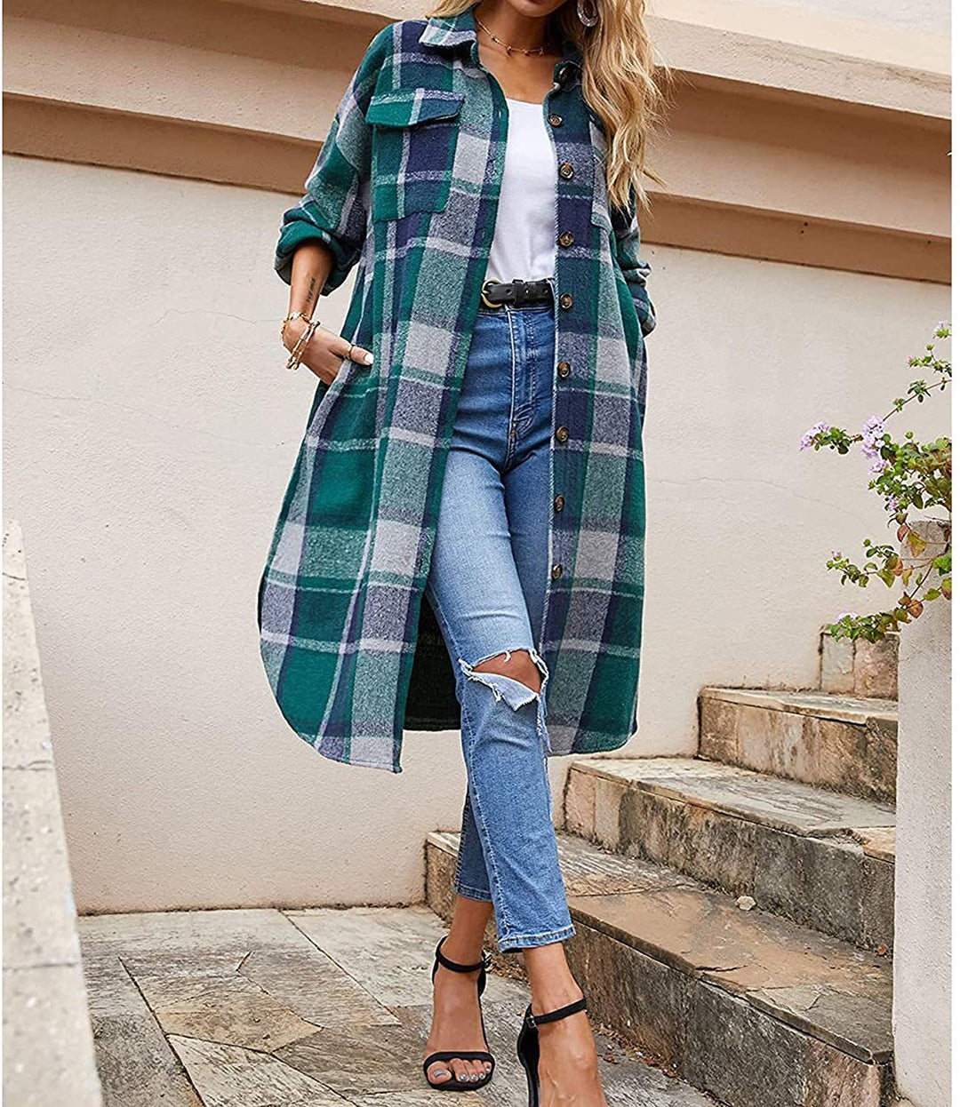 Ladies Long Checkered Coat with Practical Pockets and Button Closure Lune London