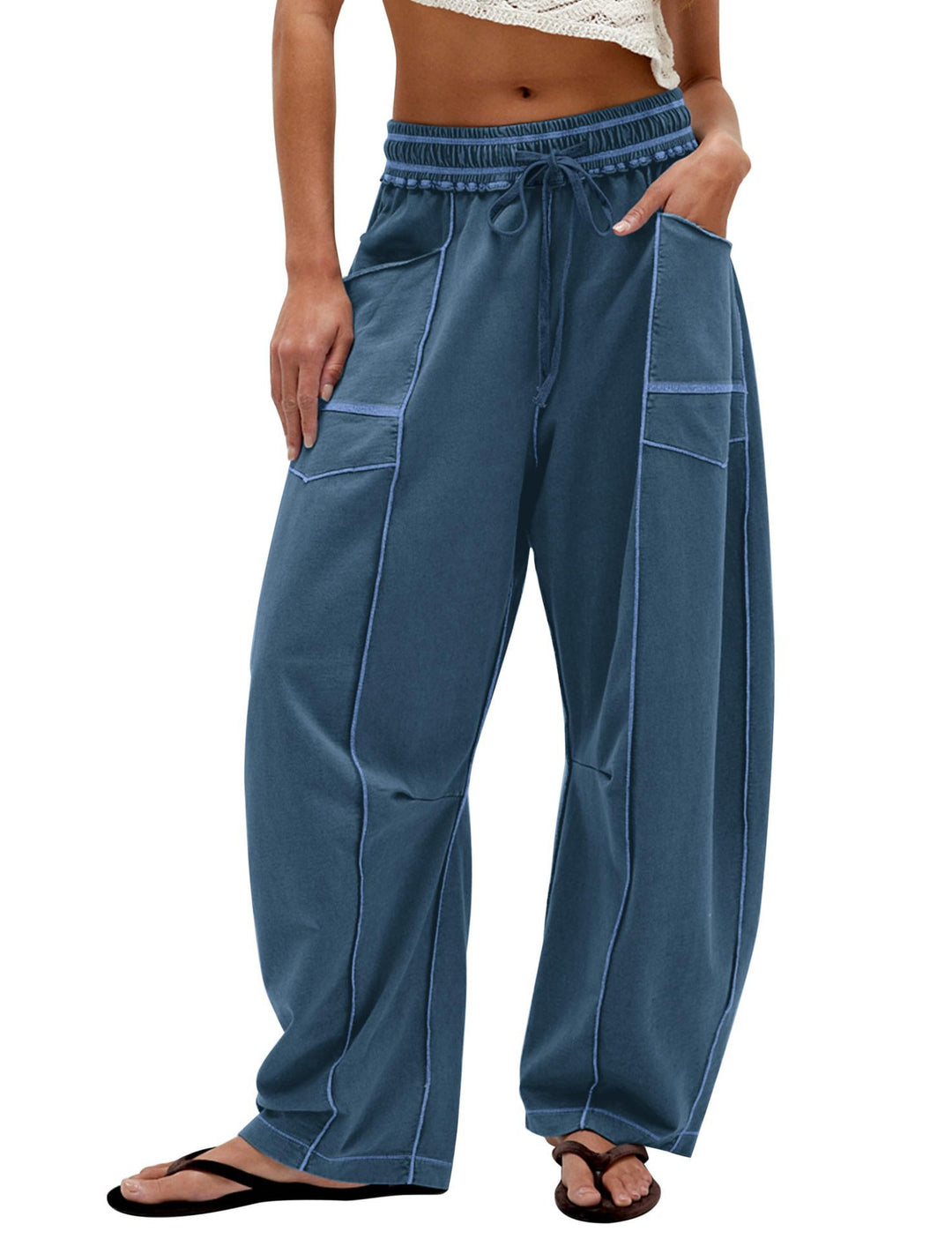 Ladies Comfortable Wide Pants with Practical Pockets and Elastic Belt Lune London