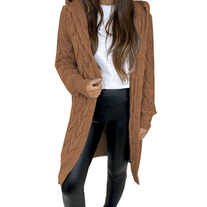 Ladies chunky knit coat with hood and braided design Lune London
