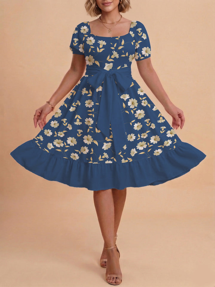 Women's Midi Dress with Elegant Floral Print and Fitted Belt Lune London