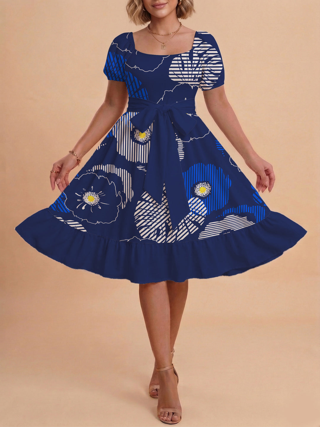 Women A-line dress with floral motifs and adjustable belt Lune London