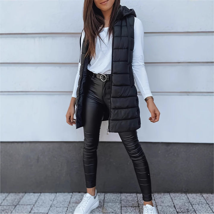 Ladies stylish quilted vest with hood and long cut Lune London