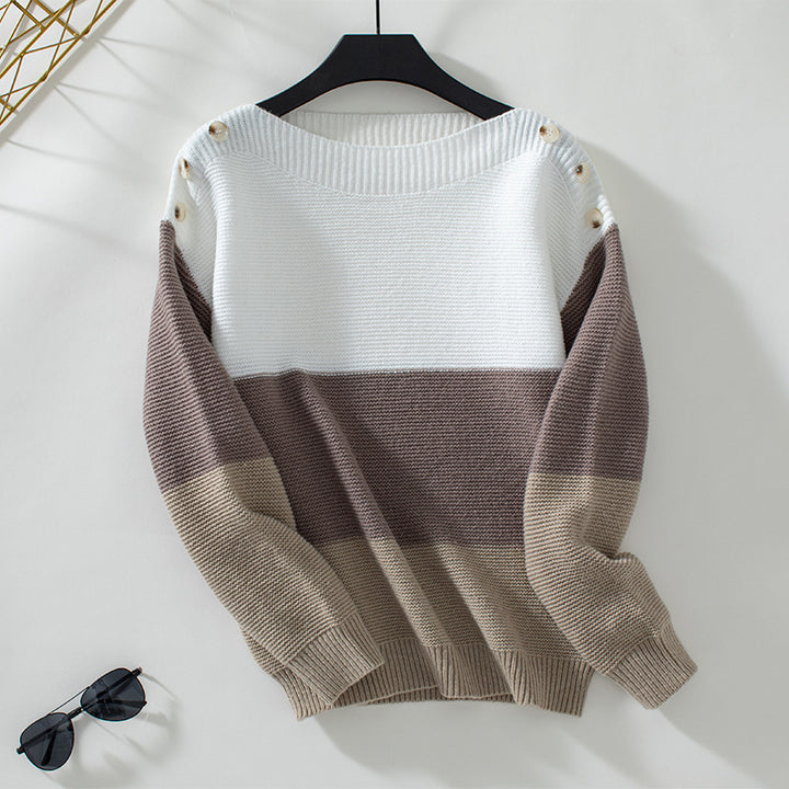 Fashion knit sweater for women with decorative button details and block stripes.