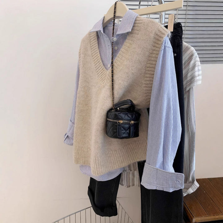 Pull en tricot à col en V stylé pour femmes avec superposition en denim décontractée
