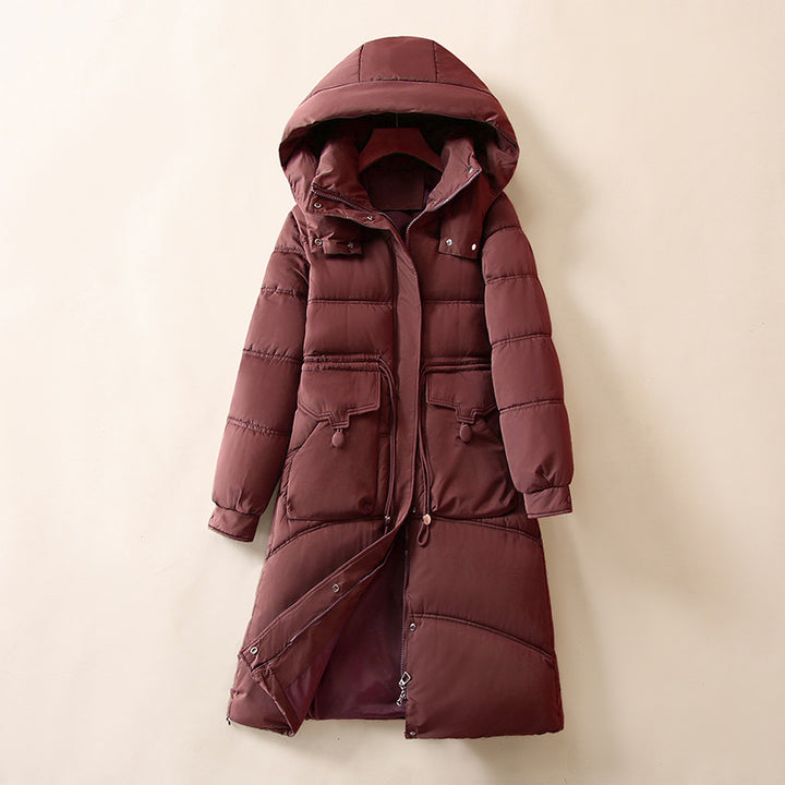 Ladies Long, warm down jacket with practical pockets and hood Lune London