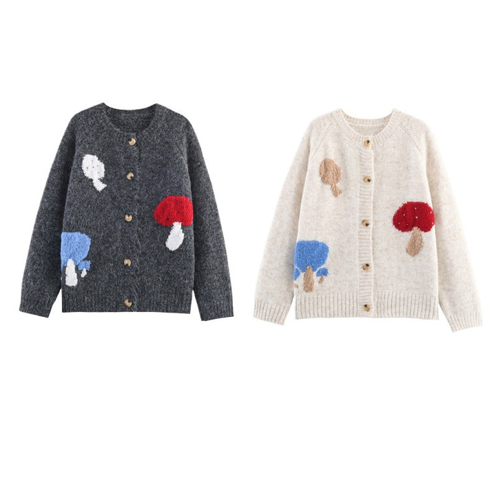 Women’s knitted jacket with colorful mushroom design Lune London