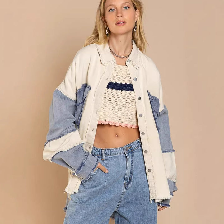 Women's Oversized Denim Jacket with Unique Color Blocks and Fringed Details Lune London