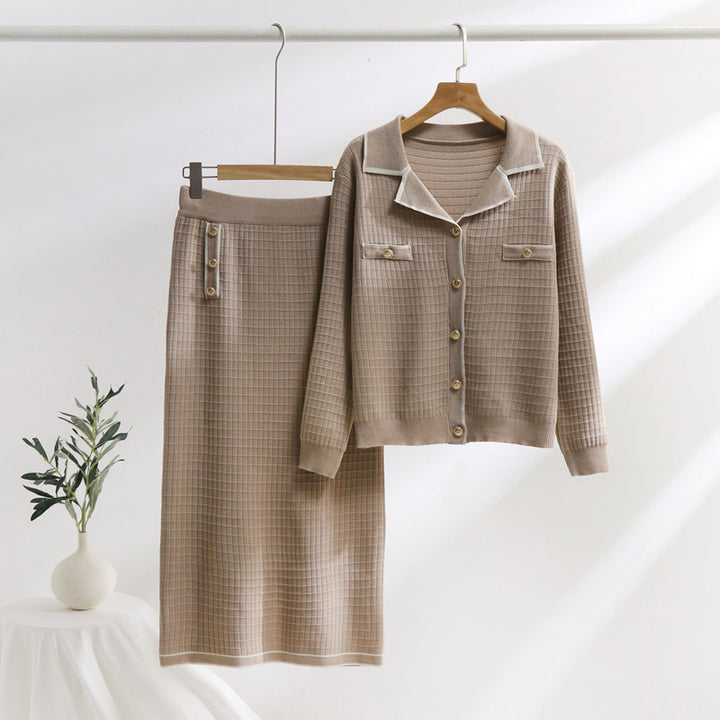 Elegant knit set for ladies with decorative collar and patch pockets Lune London