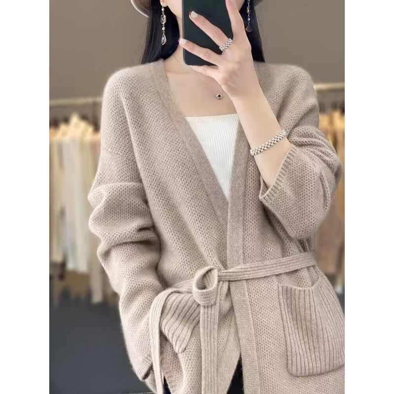 Women comfortable knit coat with belted waist and pockets Lune London