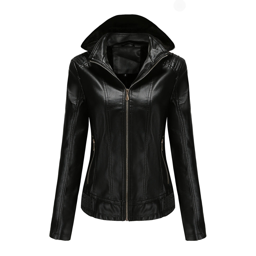 Elegant faux leather jacket for women with high collar and elastic cuffs Lune London