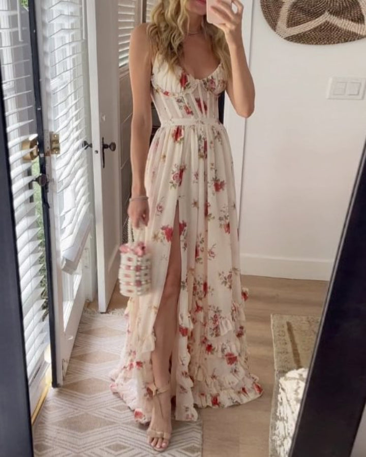 Women's maxi dress with floral lace top and high slit Lune London