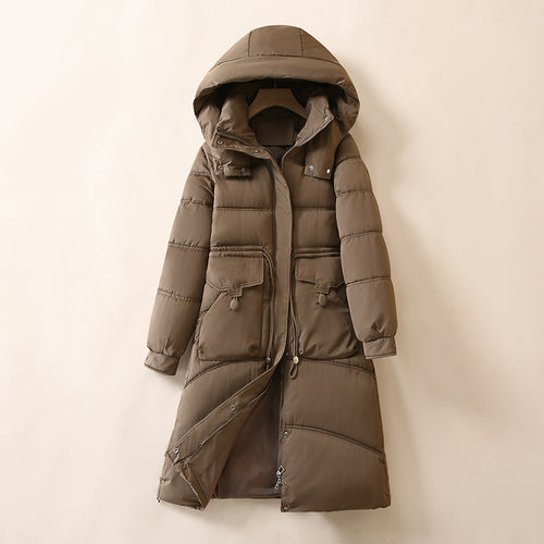 Ladies Long, warm down jacket with practical pockets and hood Lune London