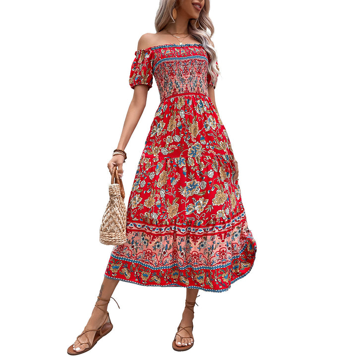 Robe Maxi Femme à Épaules Dénudées avec Imprimés Floraux et Ceinture Élastique Chic & Stil