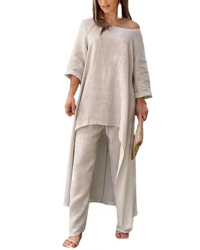 Asymmetrical elegant linen tunic set for women and Lune London pants