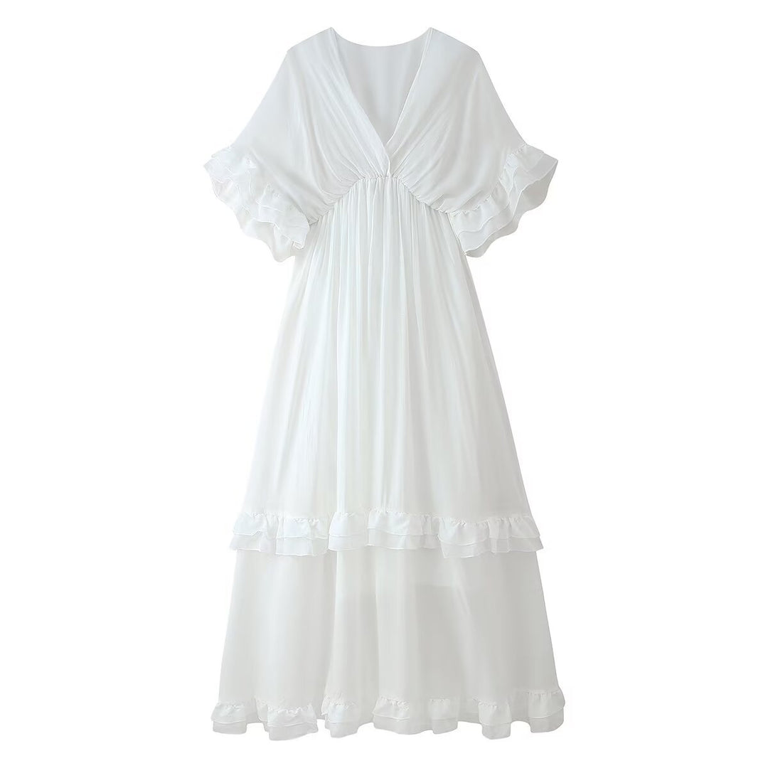 Maxi dress for women with voluminous ruffle details and an elegant V-neck Lune London