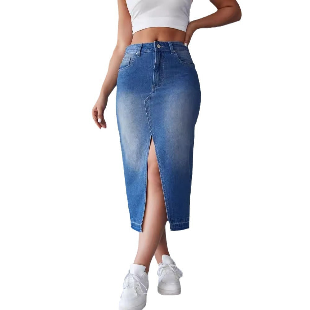 Women's denim midi skirt with high slit and tailored cut Lune London