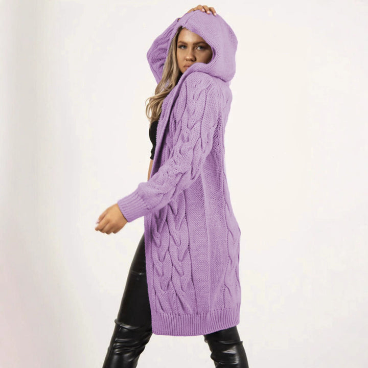 Knit coat for women with hood and cable knit pattern Lune London