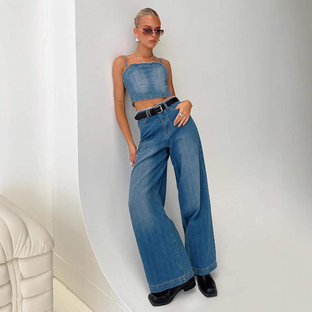 Women's wide denim jeans with high waistband and fringed hem Lune London