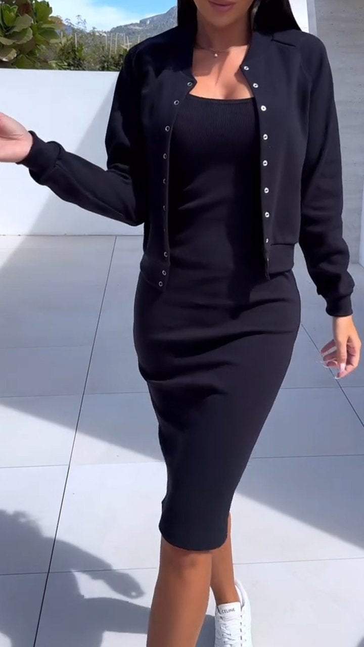 Women fashionable sweatshirt dress and chic jacket