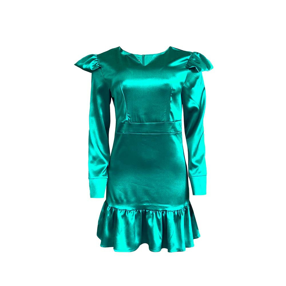 Shiny mini dress for women with puff sleeves and ruffled hem Lune London