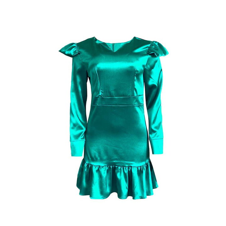 Shiny mini dress for women with puff sleeves and ruffled hem Lune London
