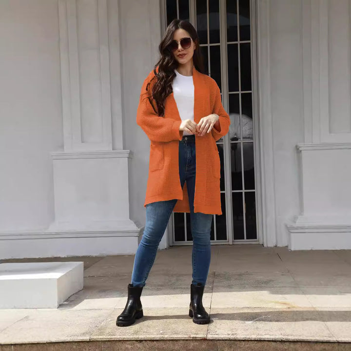 Casual knitted coat for women with open front panels and deep pockets Lune Londonl