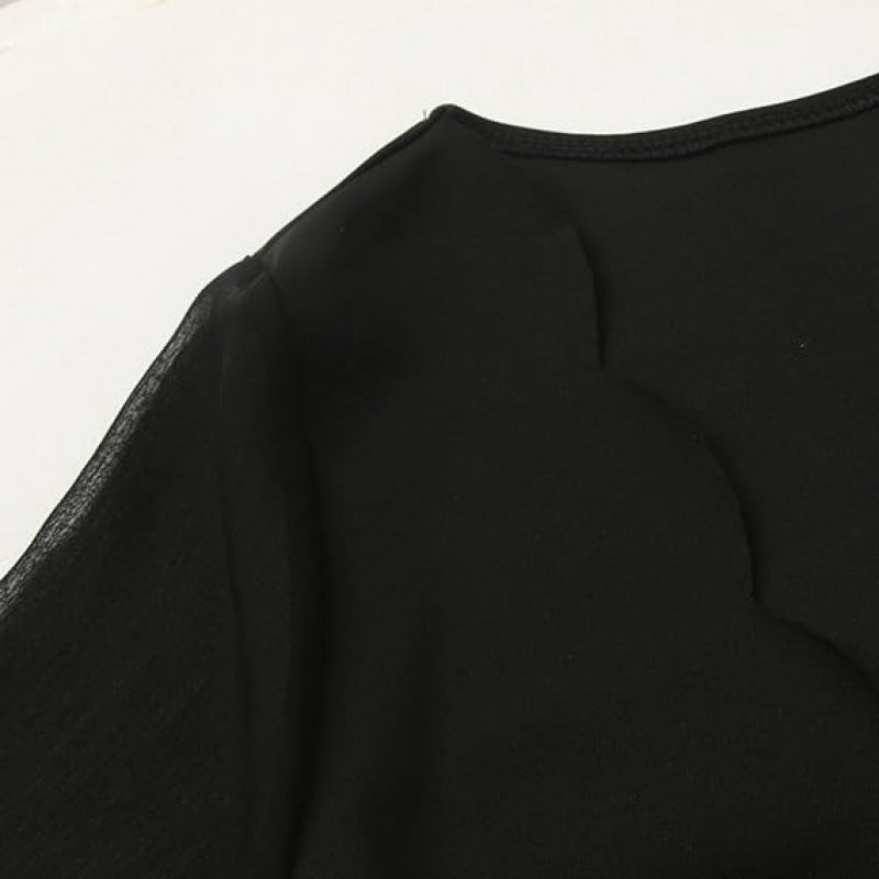 Ladies Elegant Slim V Neck Dress with Long Sheer Sleeves and Chic Gem Accents