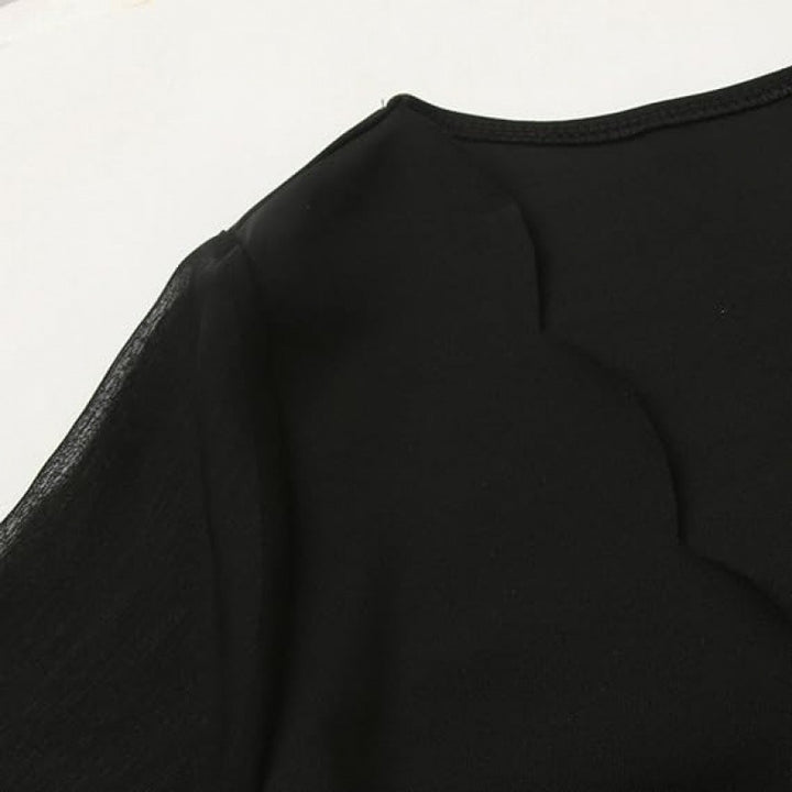 Ladies Elegant Slim V Neck Dress with Long Sheer Sleeves and Chic Gem Accents