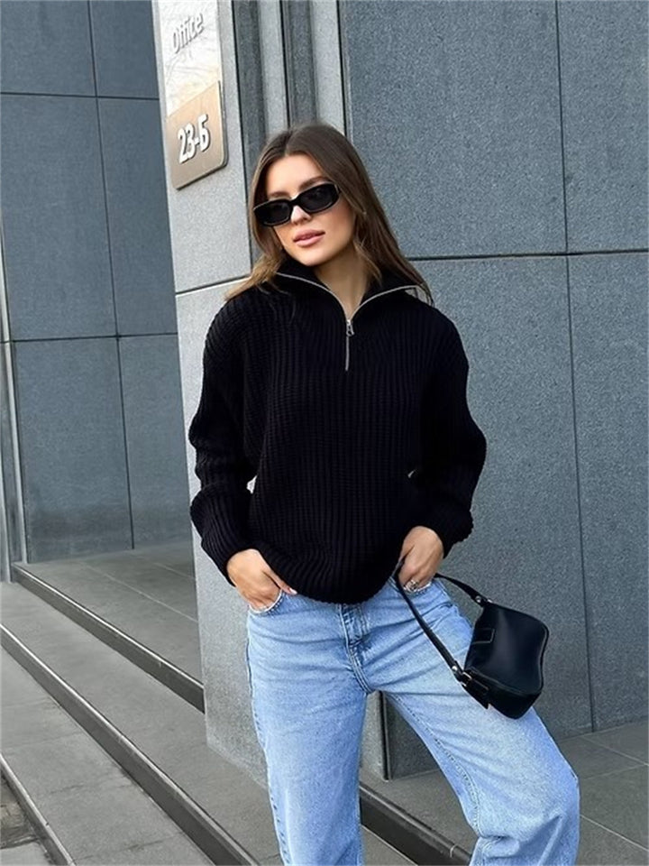 Women's thick knit sweater with high collar and zipper Lune London
