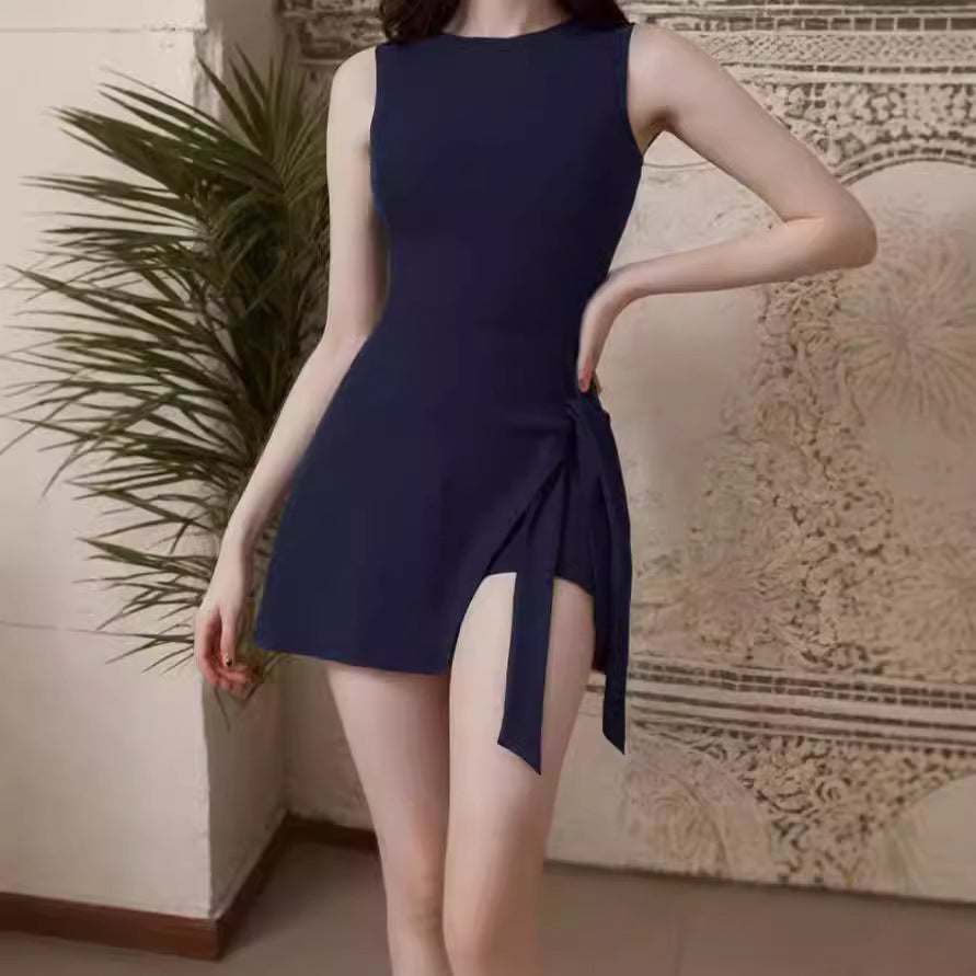 Women's swimwear with asymmetric draping and side tie belt Lune London