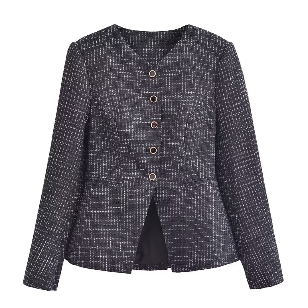 Elegant blazer jacket for women in textured fabric with decorative button details Lune London