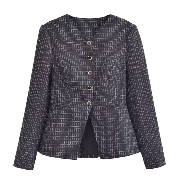 Elegant blazer jacket for women in textured fabric with decorative button details Lune London