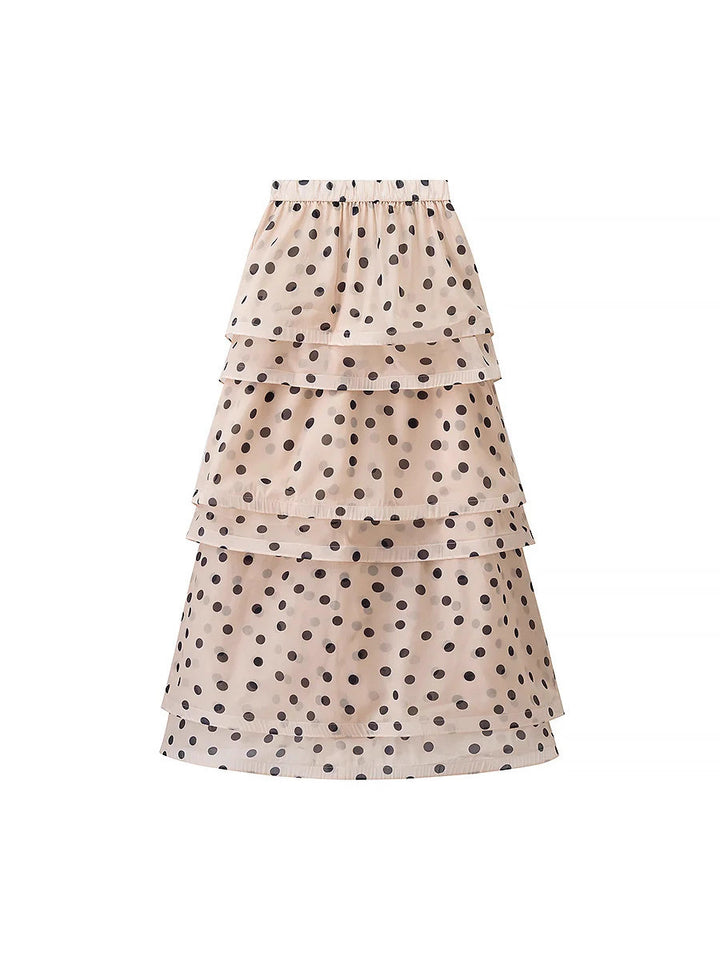 Maxi skirt for women with voluminous ruffles and polka dots Lune London
