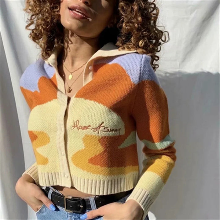 Fashionable knitted cardigan for women with a blend of contrasting patterns Lune London