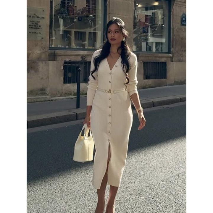 Knit dress for women with buttoning and chic belt detail Lune London