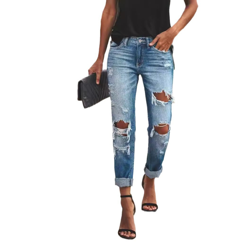 Women Destroyed Boyfriend Jeans in casual style with high tear details Lune London