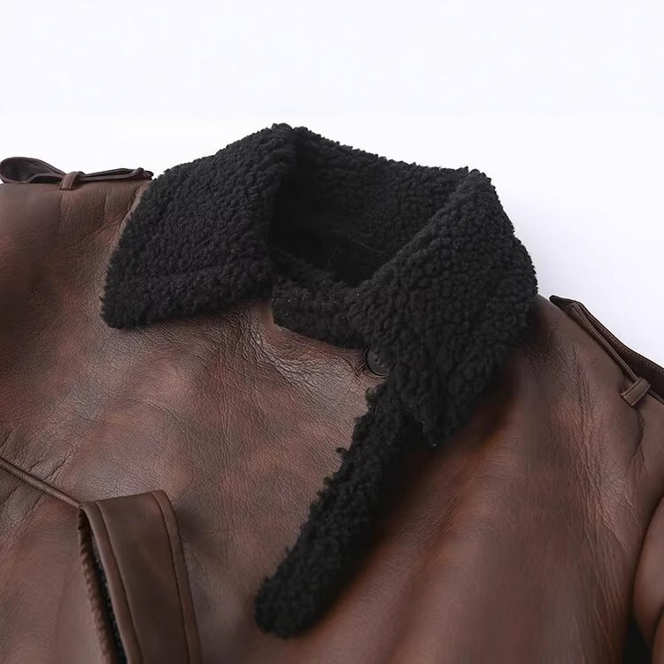 Faux leather jacket for women with soft faux fur lining and adjustable belt Lune London