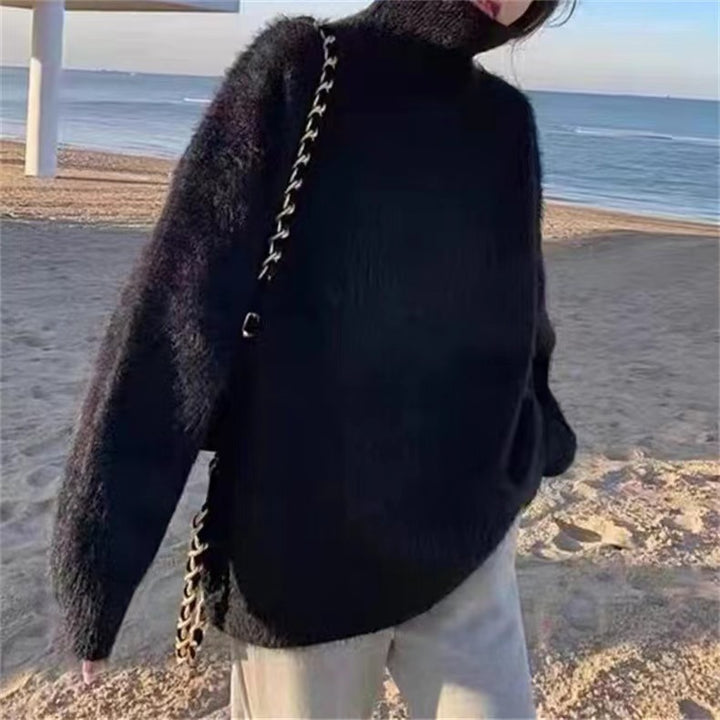 Ladies Soft Sweater with Oversized Cut and Chic High Collar