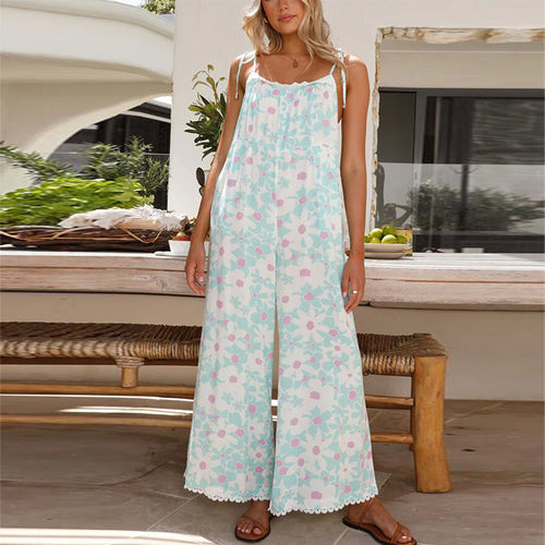 Ladies lightweight jumpsuit with spaghetti straps and ruffled hem Lune London