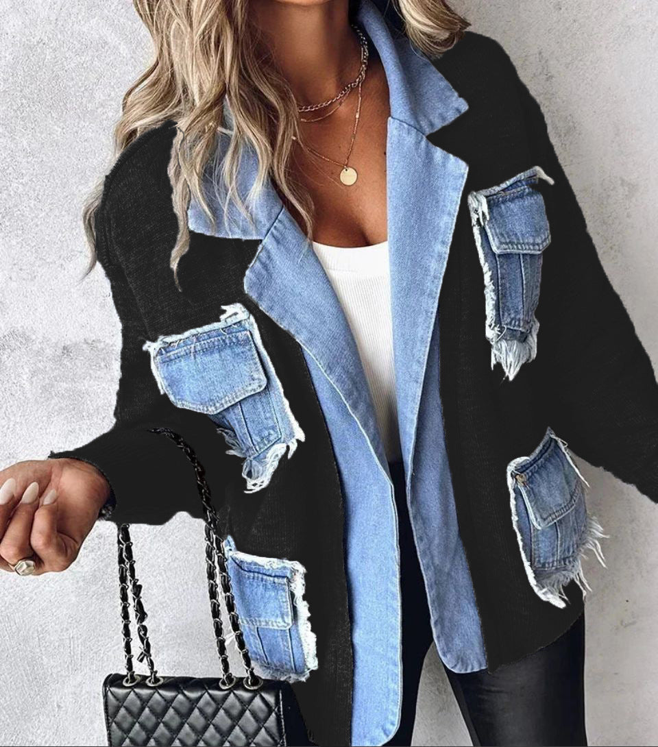 Dame cardigan de loisirs avec deux poches poitrine appliquées et un denim soigné Chic & Stil