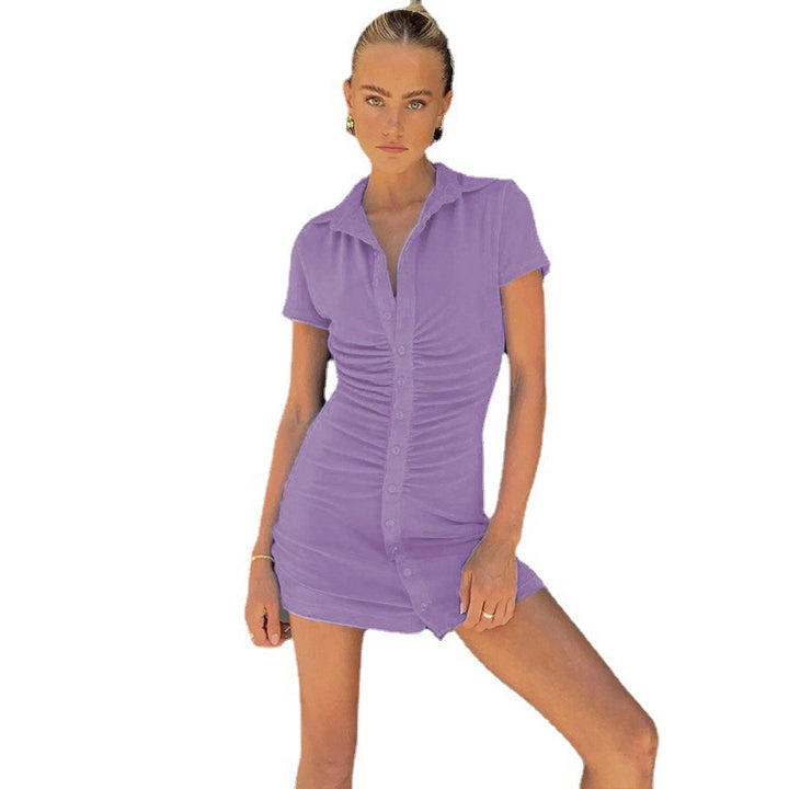 Short fitted dress for women with short sleeves, vertical ruched effect and trendy button details from Lune London