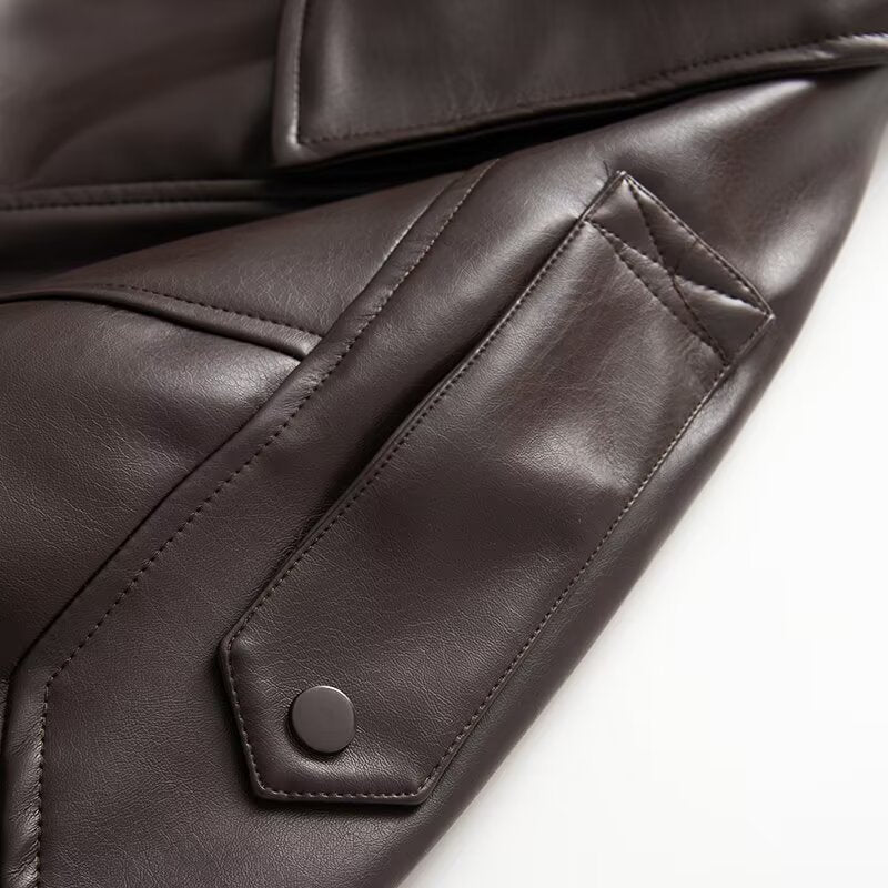 Casual faux leather jacket for women with large flap pockets and innovative design Lune London