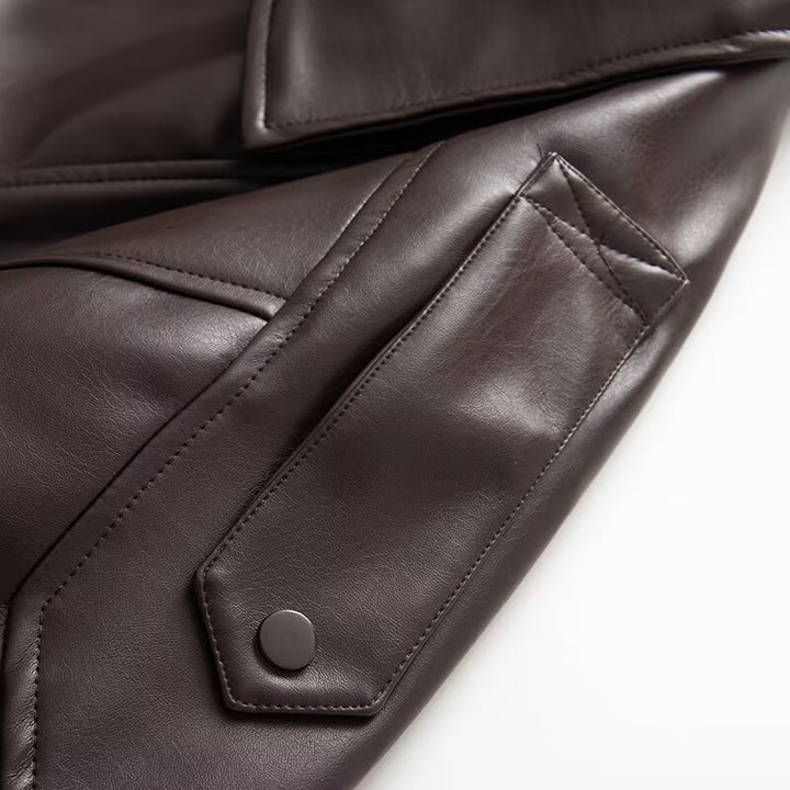 Casual faux leather jacket for women with large flap pockets and innovative design Lune London