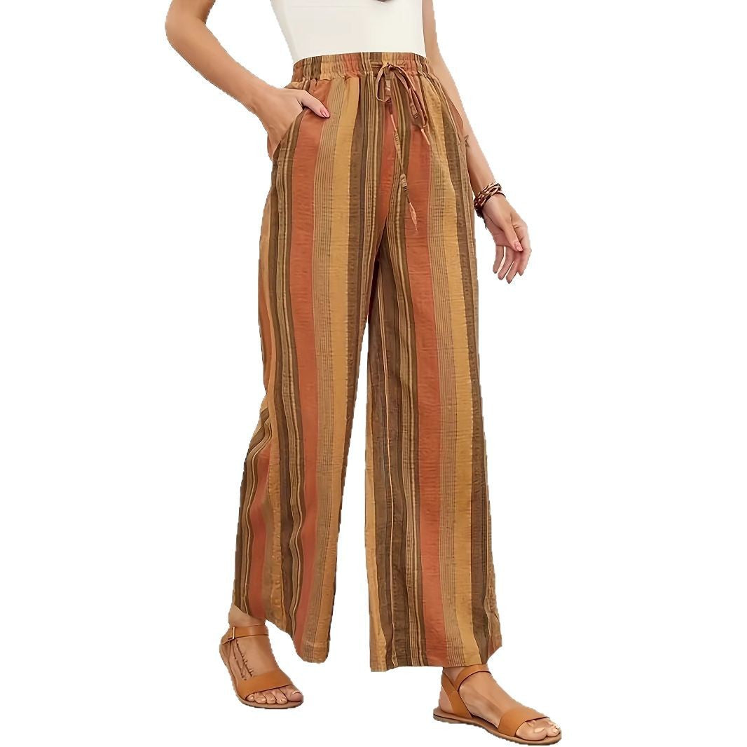 Wide striped pants for women with elastic waist and practical tie belt Lune London