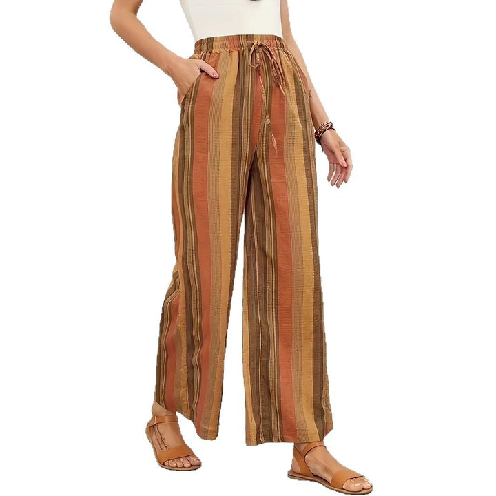 Wide striped pants for women with elastic waist and practical tie belt Lune London