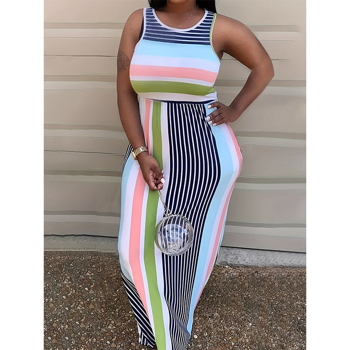 Maxi dress for women with a colorful striped design and a fitted cut Lune London