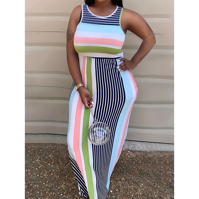 Maxi dress for ladies with a colorful striped design and a fitted cut Lune London