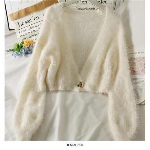 Short plush sweater for women with V-neck and button detail Lune London
