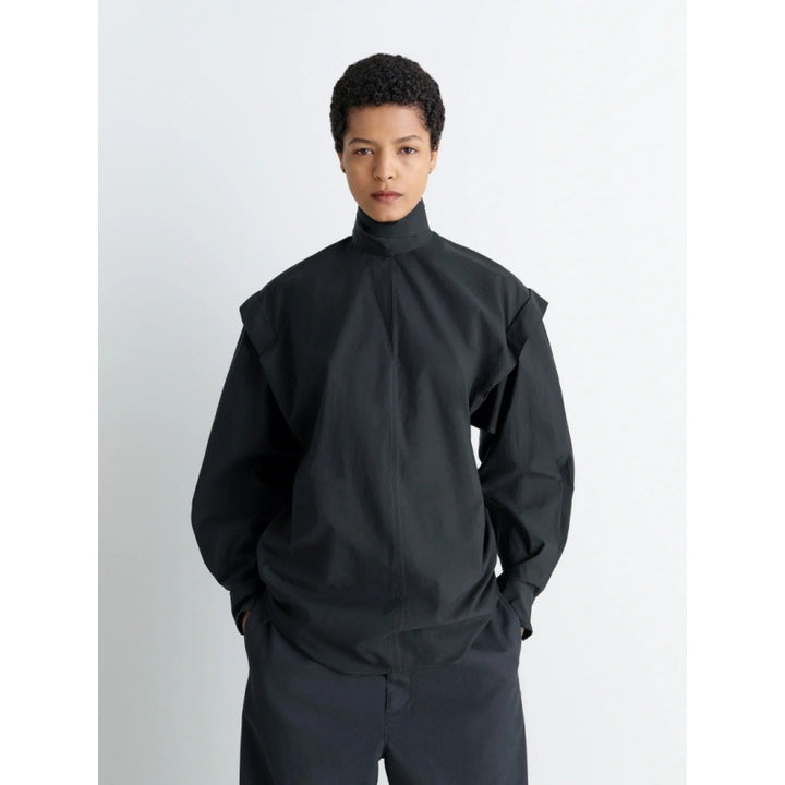 Elegant long sleeve top for women with high collar and modern ruffled sleeves Lune London