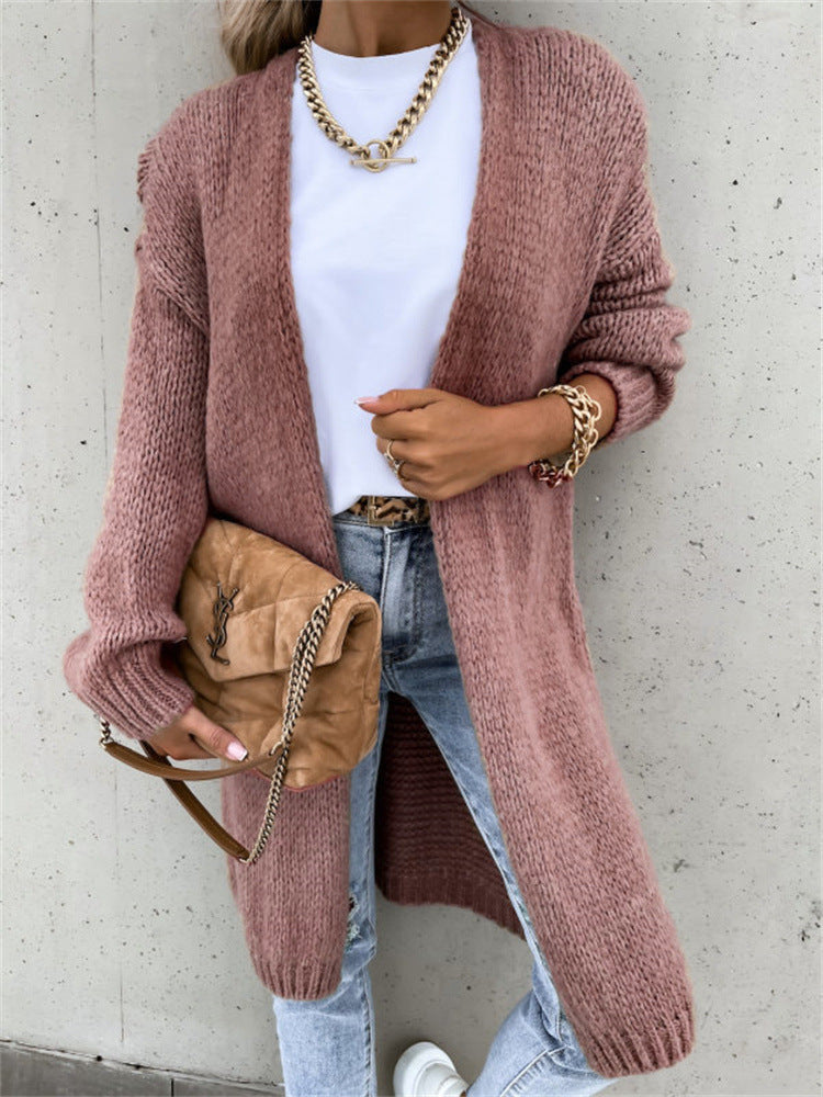 Ladies Thick Knit Cardigan with Open Front and Rolled Sleeves Lune London